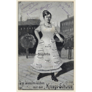 Dienstmädchen Mit Der Kriegsschürze / Brotkarte (Vintage PC 1916)