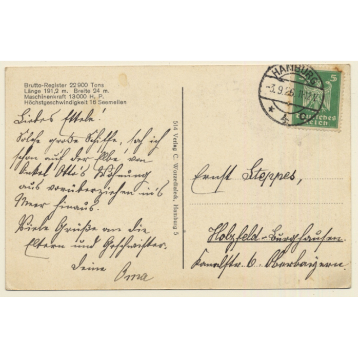 Hamburg Amerika Linie: Doppelschrauben Turbinendampfer Albert Ballin (Vintage PC 1926)