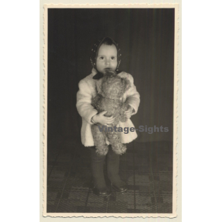 Little Baby Girl Holds Her Teddy Bear / Headscarf (Vintage RPPC ~1940s)