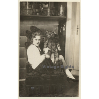 Cheeky Blonde Woman In Marine Dress / Teddy Bear (Vintage RPPC 1930s)