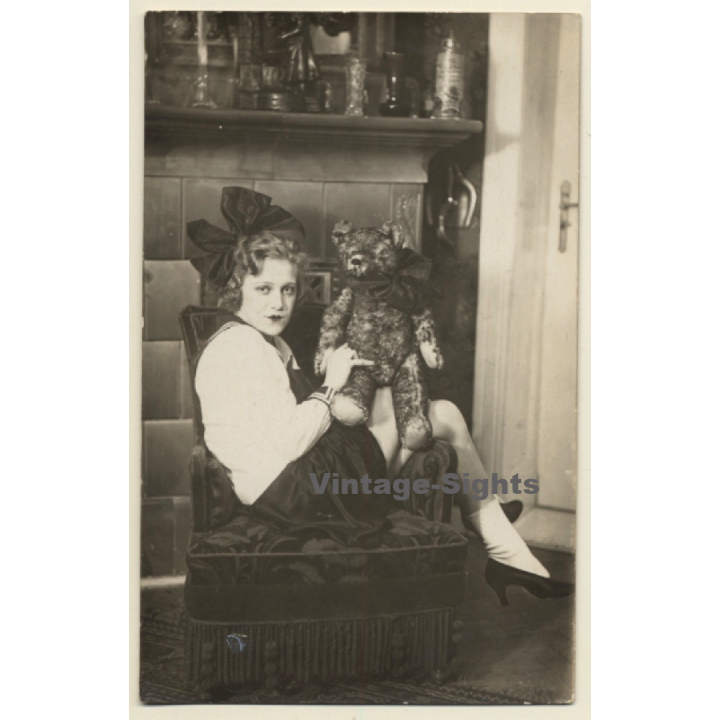 Cheeky Blonde Woman In Marine Dress / Teddy Bear (Vintage RPPC 1930s)