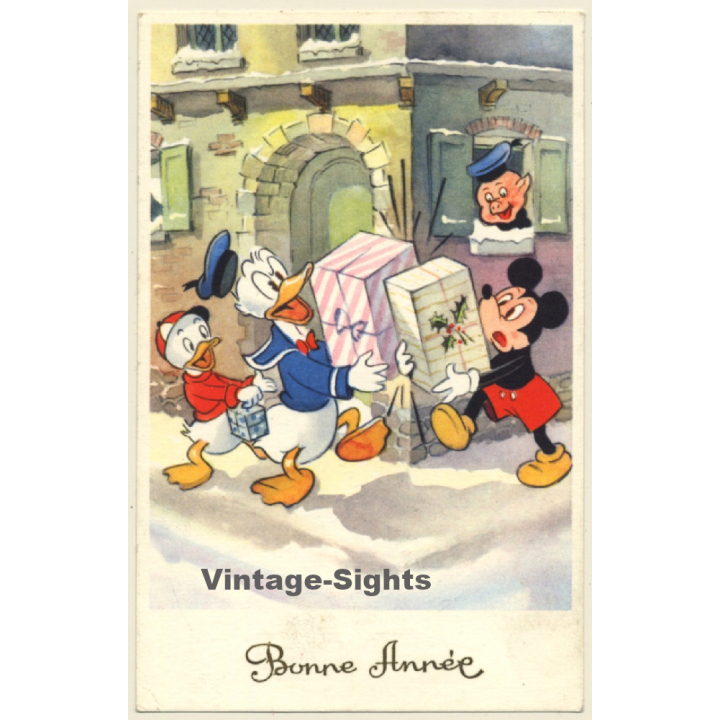 Walt Disney: Mickey Mouse, Porky Pig, Donald Duck & Huey (Vintage PC Belgium 1960)