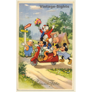 Walt Disney: Mickey Mouse, Minnie, Porky Pig, Donald Duck & Huey (Vintage PC Belgium 1950s/1960s)