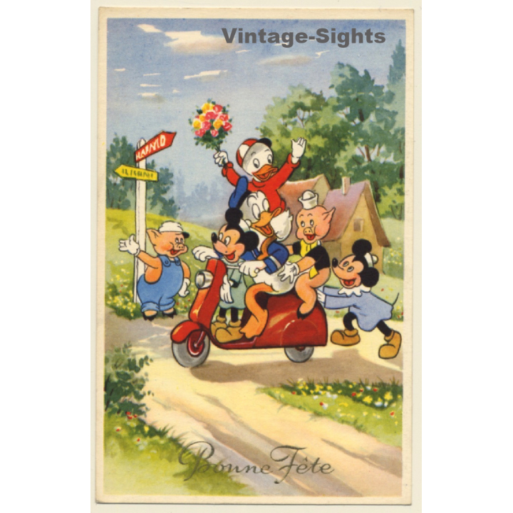 Walt Disney: Mickey Mouse, Minnie, Porky Pig, Donald Duck & Huey (Vintage PC Belgium 1950s/1960s)