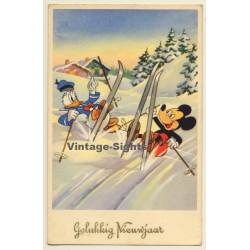 Walt Disney: Mickey Mouse & Donald Duck Skiing (Vintage PC Belgium 1950s/1960s)