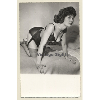 Lascivious Brunette Semi Nude Kneeling *1 / Lingerie - Pin-Up (Vintage RPPC ~1950s)