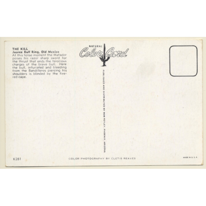 Juarez Bull Ring / Old Mexico: The Kill - Toreo (Vintage Postcard)