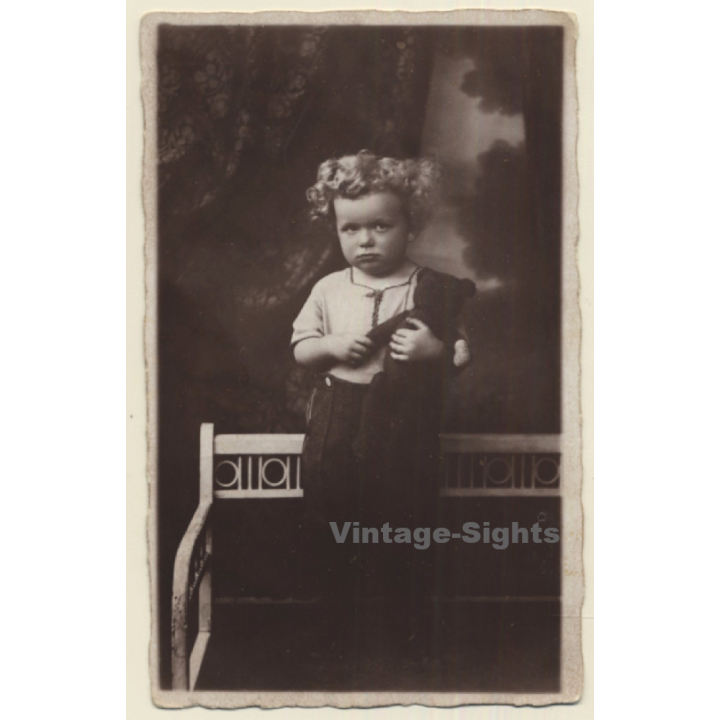 Sulky Little Blonde Girl With Teddy Bear / Art Deco (Vintage RPPC 1920s/1930s)