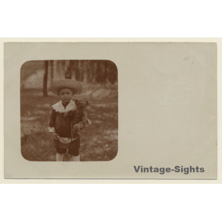 Little Girl With Straw Hat & Teddy Bear (Vintage RPPC 1910s/1920s)