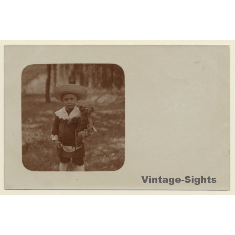 Little Girl With Straw Hat & Teddy Bear (Vintage RPPC 1910s/1920s)
