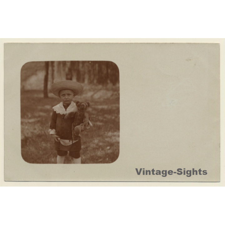 Little Girl With Straw Hat & Teddy Bear (Vintage RPPC 1910s/1920s)