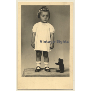 Sweet Baby Girl With Black Teddy Bear (Vintage RPPC 1947)