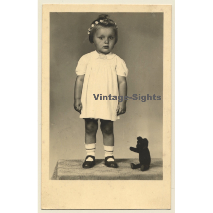 Sweet Baby Girl With Black Teddy Bear (Vintage RPPC 1947)