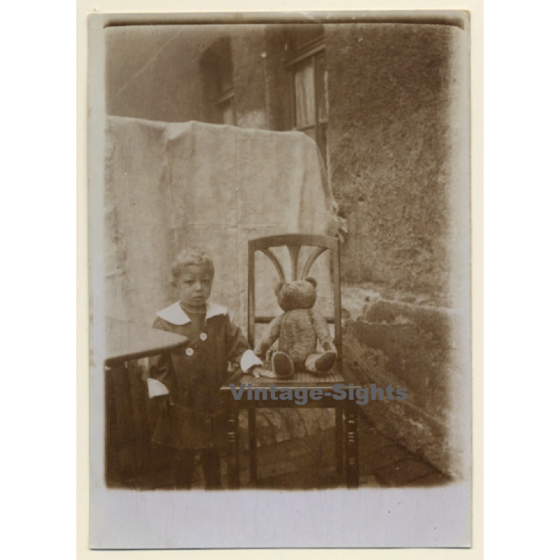 Little Girl And Her Teddy Bear In Backyard (Vintage RPPC 1910s/1920s)