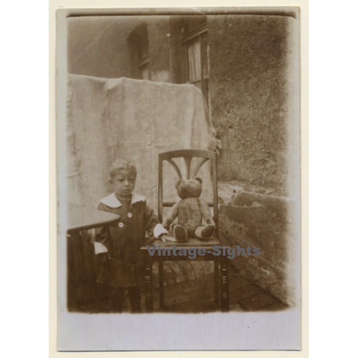 Little Girl And Her Teddy Bear In Backyard (Vintage RPPC 1910s/1920s)