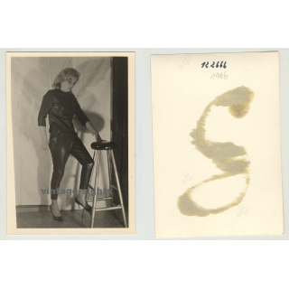 Blonde Woman In Lacquer Corset Showing Her Wasp Waist (Vintage Photo 1966)