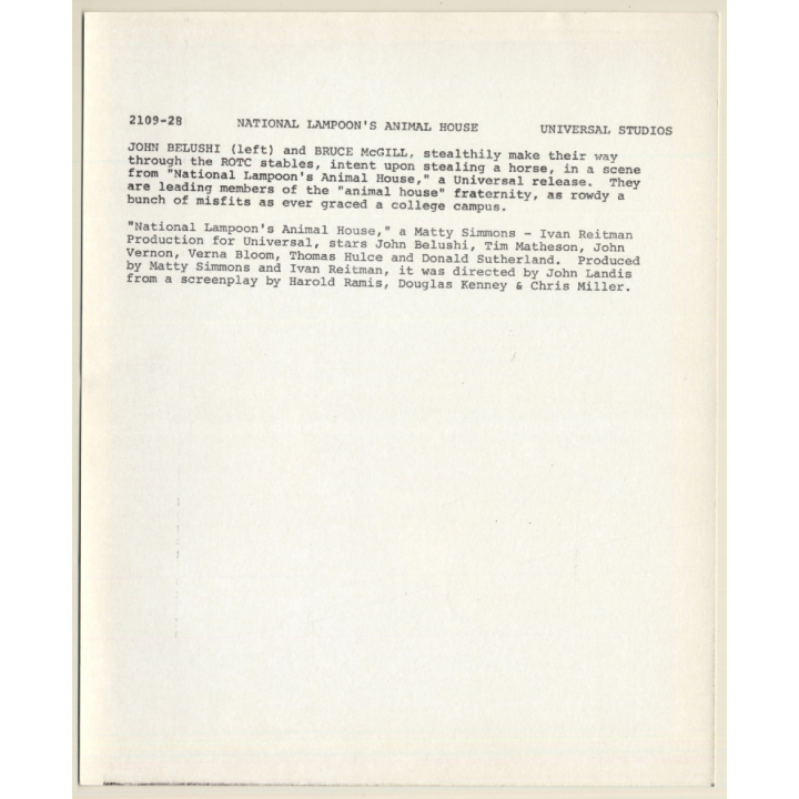 John Belushi & Bruce McGill: Nation Lampoon's Animal House (Vintage Movie Still Photo 1978)