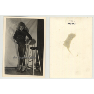 Woman In Full Lacquer Suit Posing With Bar Chair (Vintage Photo 1966)