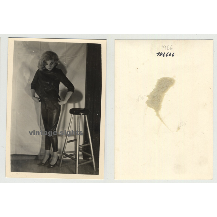 Woman In Full Lacquer Suit Posing With Bar Chair (Vintage Photo 1966)