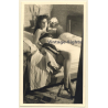 Semi Nude Female On Edge Of Bed / Lingerie - Suspenders (Vintage Photo France ~1940s/1950s)
