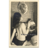 Rear View: Topless Brunette Smoking A Cigarette On Bed / Mirror (Vintage Photo France ~1940s/1950s)