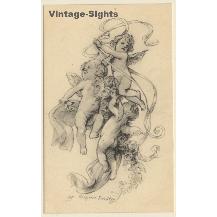Malerschule Wilhelm Schütze: Putten - Rosen - Engel N°10 (Vintage PC ~1920s)