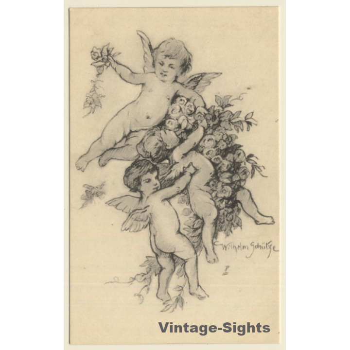 Malerschule Wilhelm Schütze: Putten - Rosen - Engel N°8 (Vintage PC ~1920s)