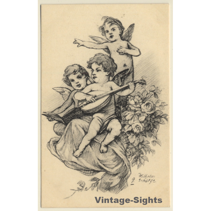 Malerschule Wilhelm Schütze: Putten - Rosen - Engel N°9 (Vintage PC ~1920s)