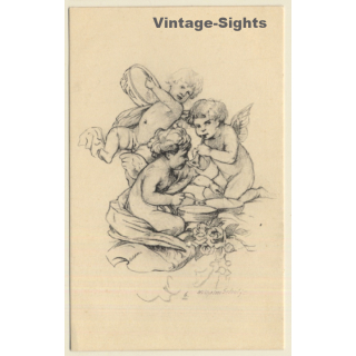 Malerschule Wilhelm Schütze: Putten - Rosen - Engel N°6 (Vintage PC ~1920s)