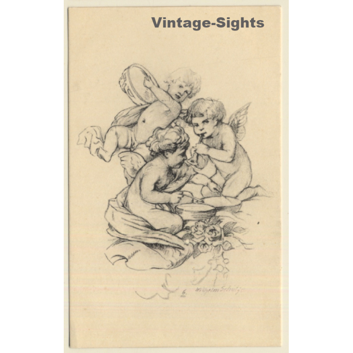 Malerschule Wilhelm Schütze: Putten - Rosen - Engel N°6 (Vintage PC ~1920s)