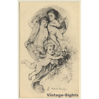 Malerschule Wilhelm Schütze: Putten - Rosen - Engel N°7 (Vintage PC ~1920s)