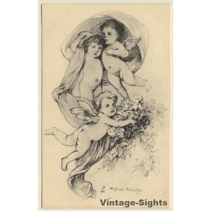 Malerschule Wilhelm Schütze: Putten - Rosen - Engel N°7 (Vintage PC ~1920s)