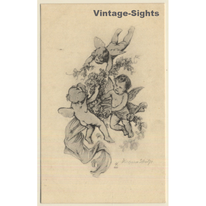 Malerschule Wilhelm Schütze: Putten - Rosen - Engel N°4 (Vintage PC ~1920s)