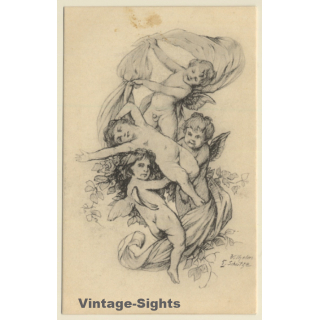 Malerschule Wilhelm Schütze: Putten - Rosen - Engel N°5 (Vintage PC ~1920s)
