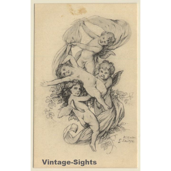 Malerschule Wilhelm Schütze: Putten - Rosen - Engel N°5 (Vintage PC ~1920s)