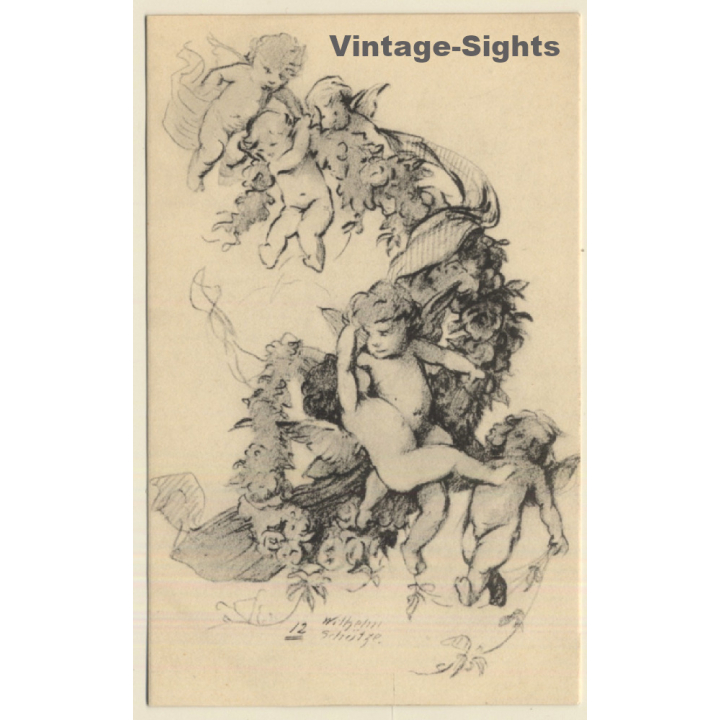 Malerschule Wilhelm Schütze: Putten - Rosen - Engel N°12 (Vintage PC ~1920s)