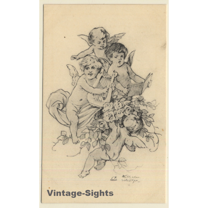 Malerschule Wilhelm Schütze: Putten - Rosen - Engel N°14 (Vintage PC ~1920s)