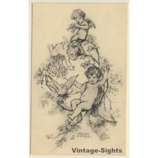 Malerschule Wilhelm Schütze: Putten - Rosen - Engel N°17 (Vintage PC ~1920s)