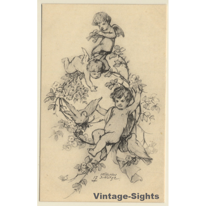 Malerschule Wilhelm Schütze: Putten - Rosen - Engel N°17 (Vintage PC ~1920s)