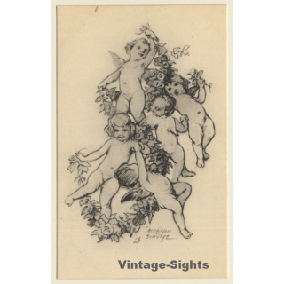 Malerschule Wilhelm Schütze: Putten - Rosen - Engel N°16 (Vintage PC ~1920s)