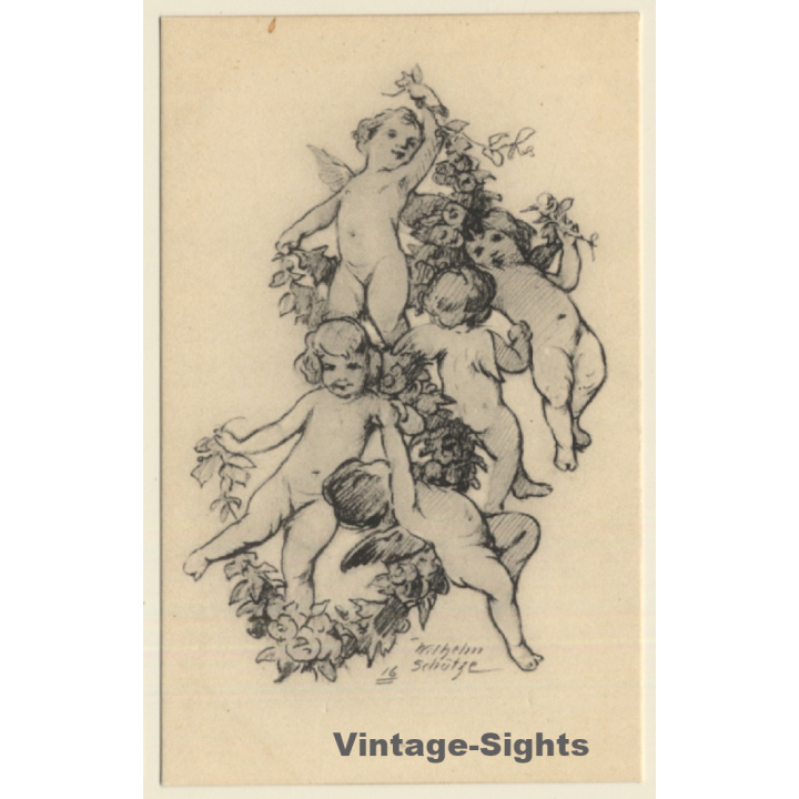 Malerschule Wilhelm Schütze: Putten - Rosen - Engel N°16 (Vintage PC ~1920s)