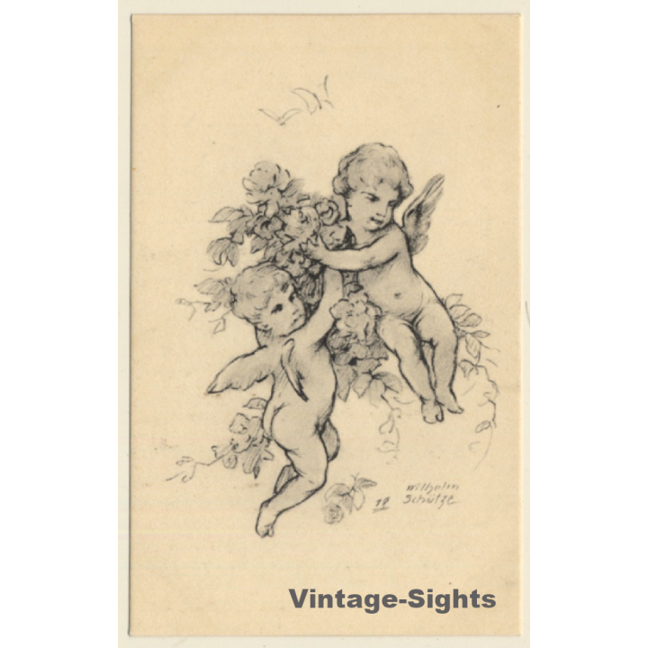 Malerschule Wilhelm Schütze: Putten - Rosen - Engel N°18 (Vintage PC ~1920s)
