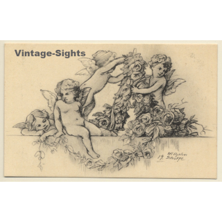 Malerschule Wilhelm Schütze: Putten - Rosen - Engel N°19 (Vintage PC ~1920s)