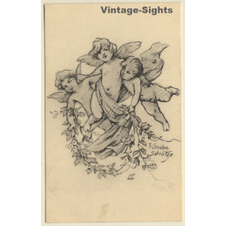 Malerschule Wilhelm Schütze: Putten - Rosen - Engel N°15 (Vintage PC ~1920s)