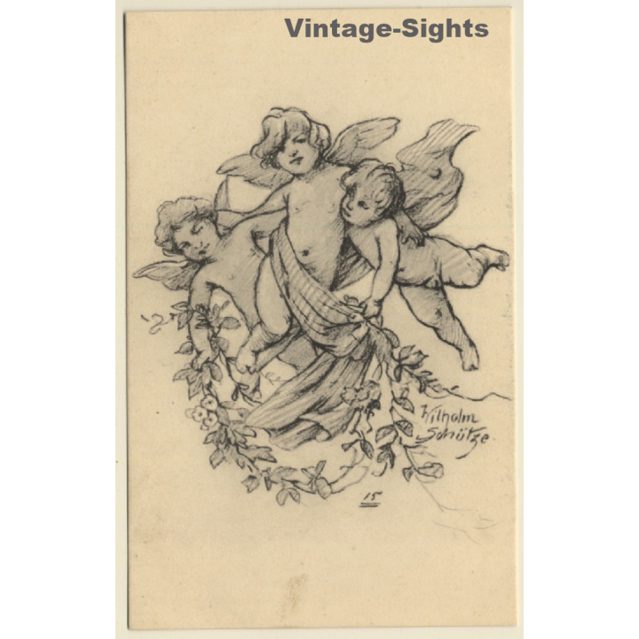 Malerschule Wilhelm Schütze: Putten - Rosen - Engel N°15 (Vintage PC ~1920s)
