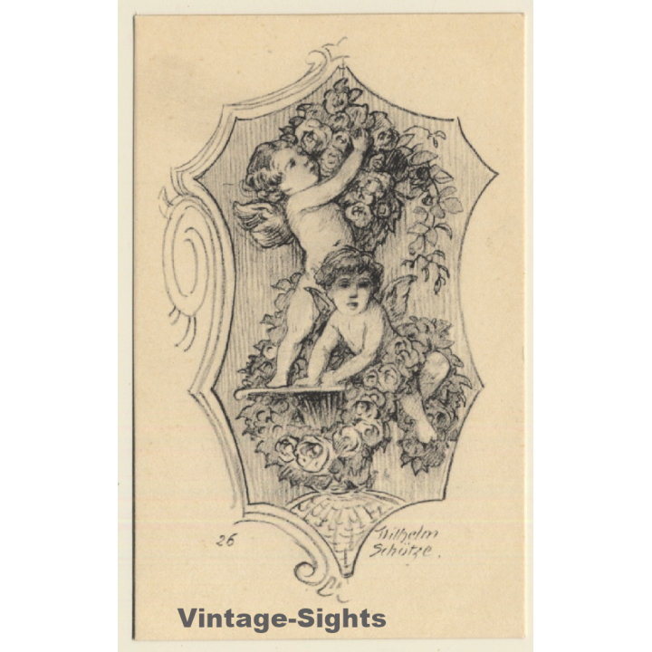 Malerschule Wilhelm Schütze: Putten - Rosen - Engel N°26 (Vintage PC ~1920s)