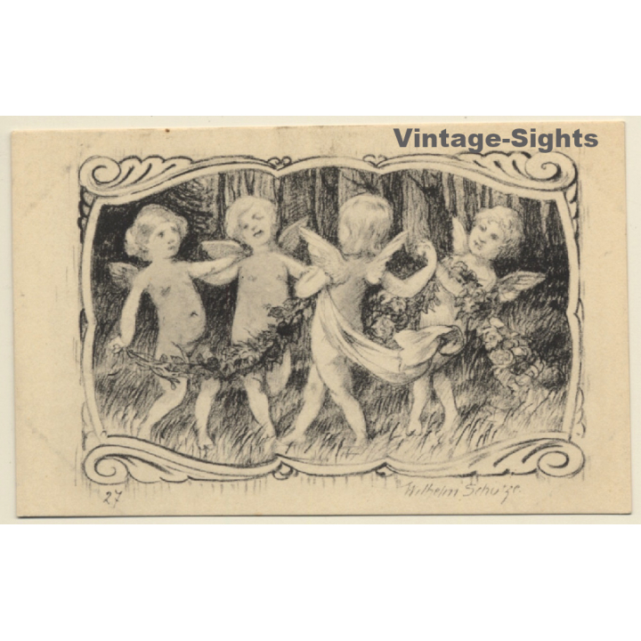 Malerschule Wilhelm Schütze: Putten - Rosen - Engel N°27 (Vintage PC ~1920s)