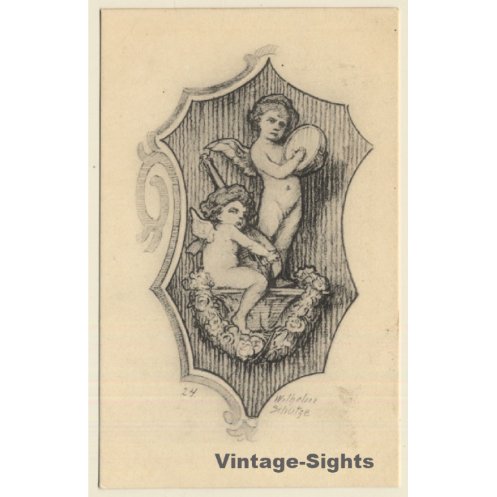 Malerschule Wilhelm Schütze: Putten - Rosen - Engel N°24 (Vintage PC ~1920s)