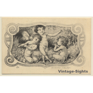 Malerschule Wilhelm Schütze: Putten - Querflöte - Engel N°31 (Vintage PC ~1920s)