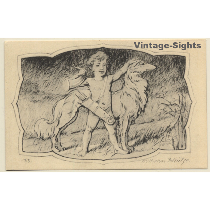 Malerschule Wilhelm Schütze: Putte - Hund - Horn N°33 (Vintage PC ~1920s)